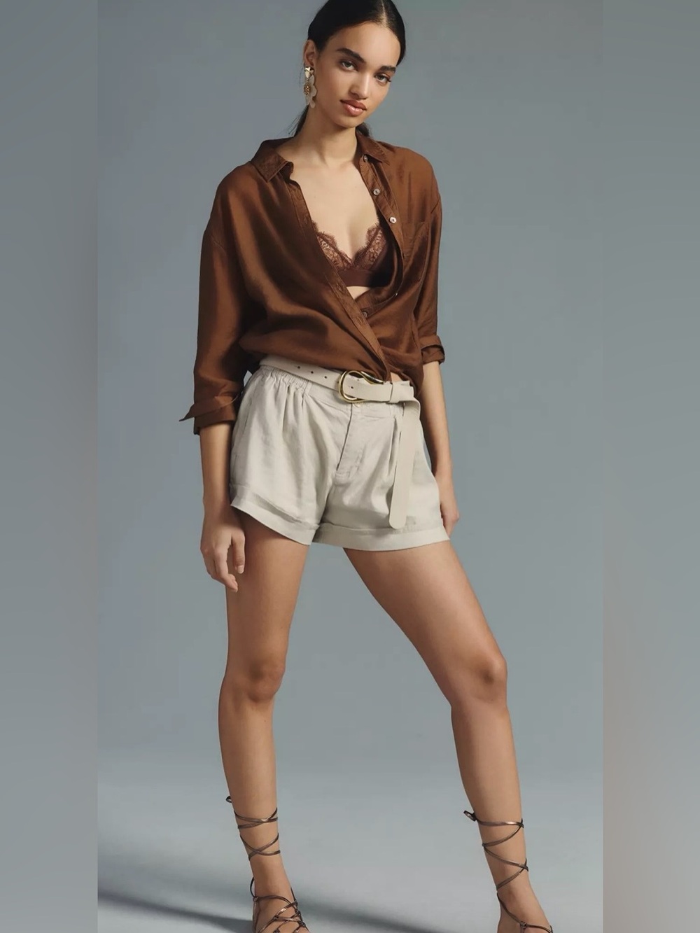 By Anthropologie Smocked Paperbag Linen Blend Pleated Shorts Beige Size 4